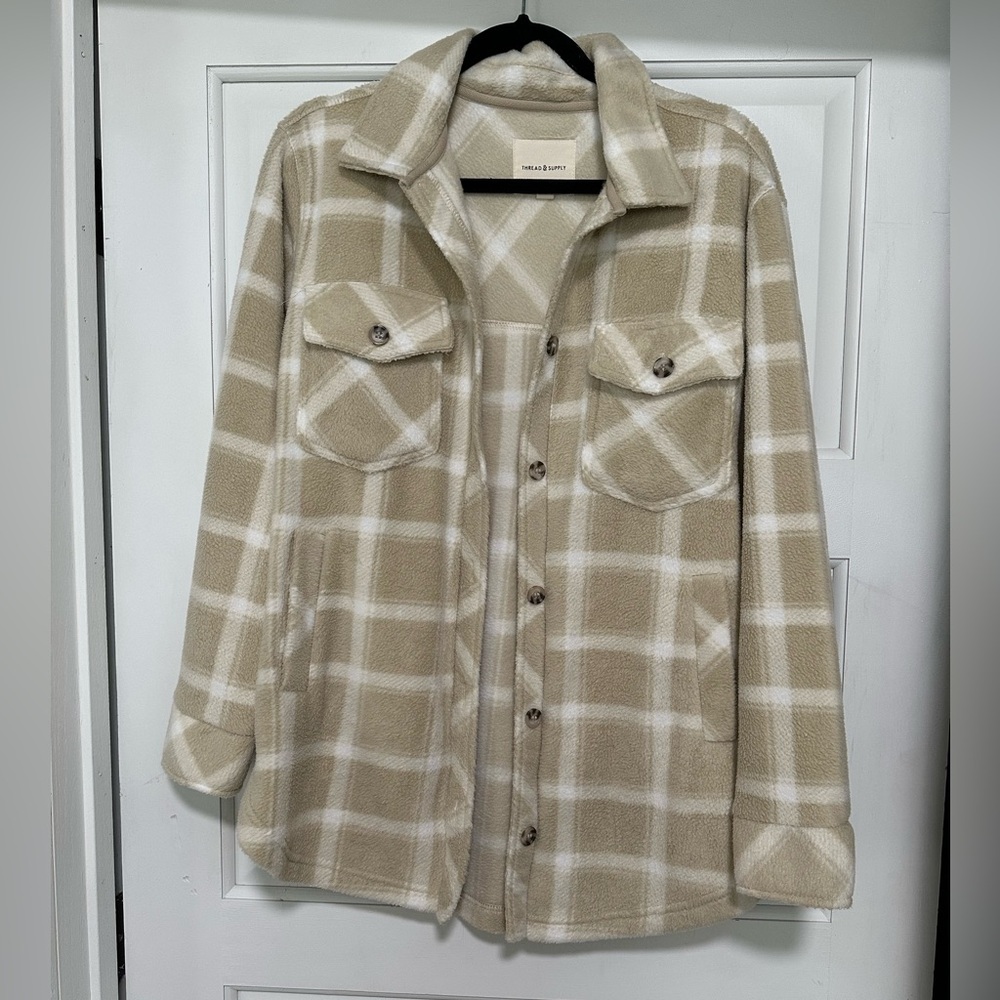 Thread & Supply Beige and White Plaid Button-Down Shacket